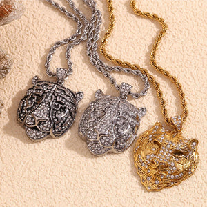 Fashion Hip Hop Zircon Tiger Head Pendant Necklace Stain Less Metal Stainless Steel Charm Jewelry for Men