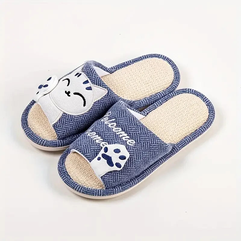 Cute Cat Platform Slippers Women Four Seasons New Linen Women's Thick Sandals Home Cartoon Slides Soft Non-slip Shoes 2024 New