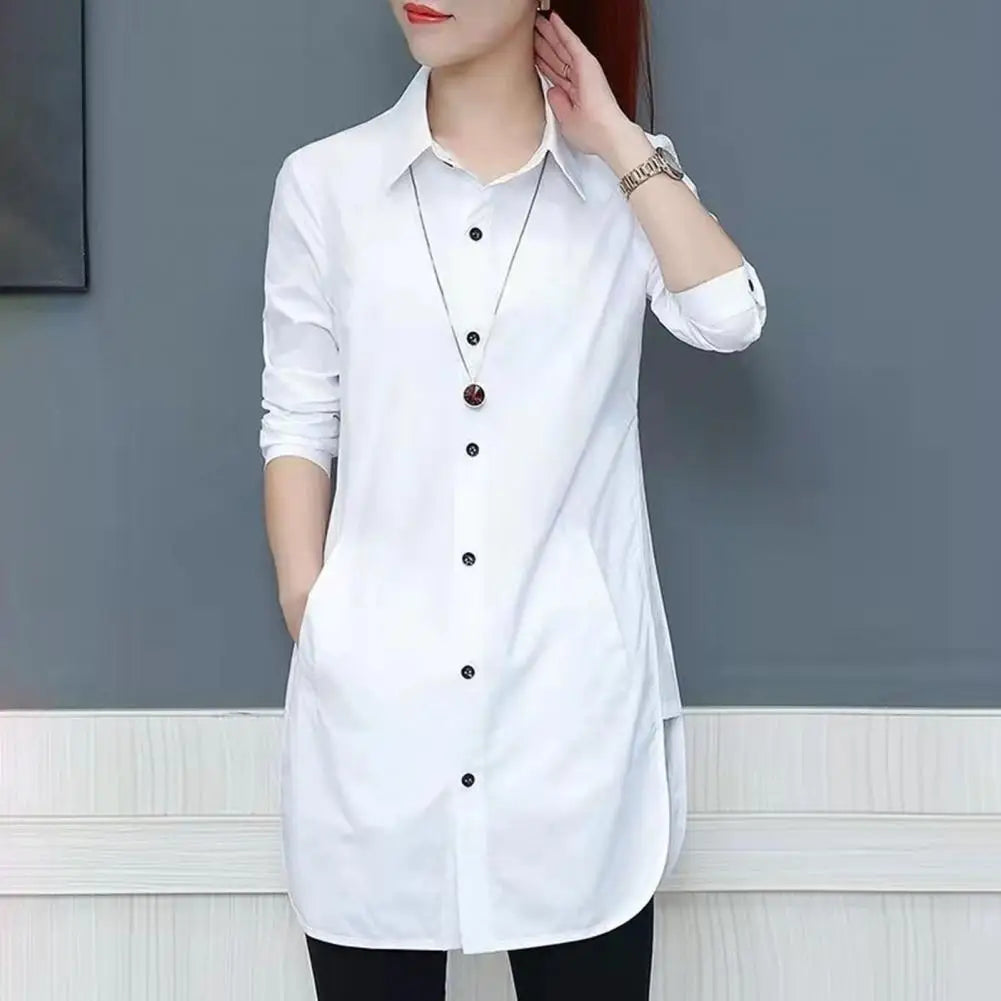 Women Shirt Spring Summer OL Basic Shirt Blouse Women Solid Color Long Sleeve Single Breasted Turndown Collar Loose Streetwear