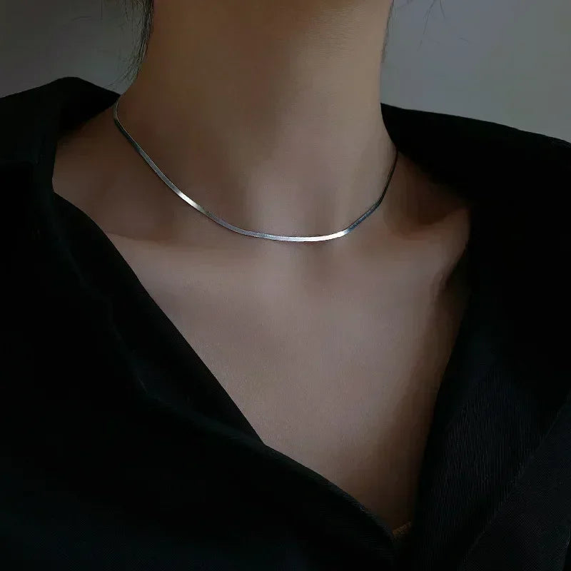 Sterling Silver Clavicle Chain Necklace For Women Snake Bone Chain Charm Choker Boho Fashion Jewelry Gift Trendy Accessories