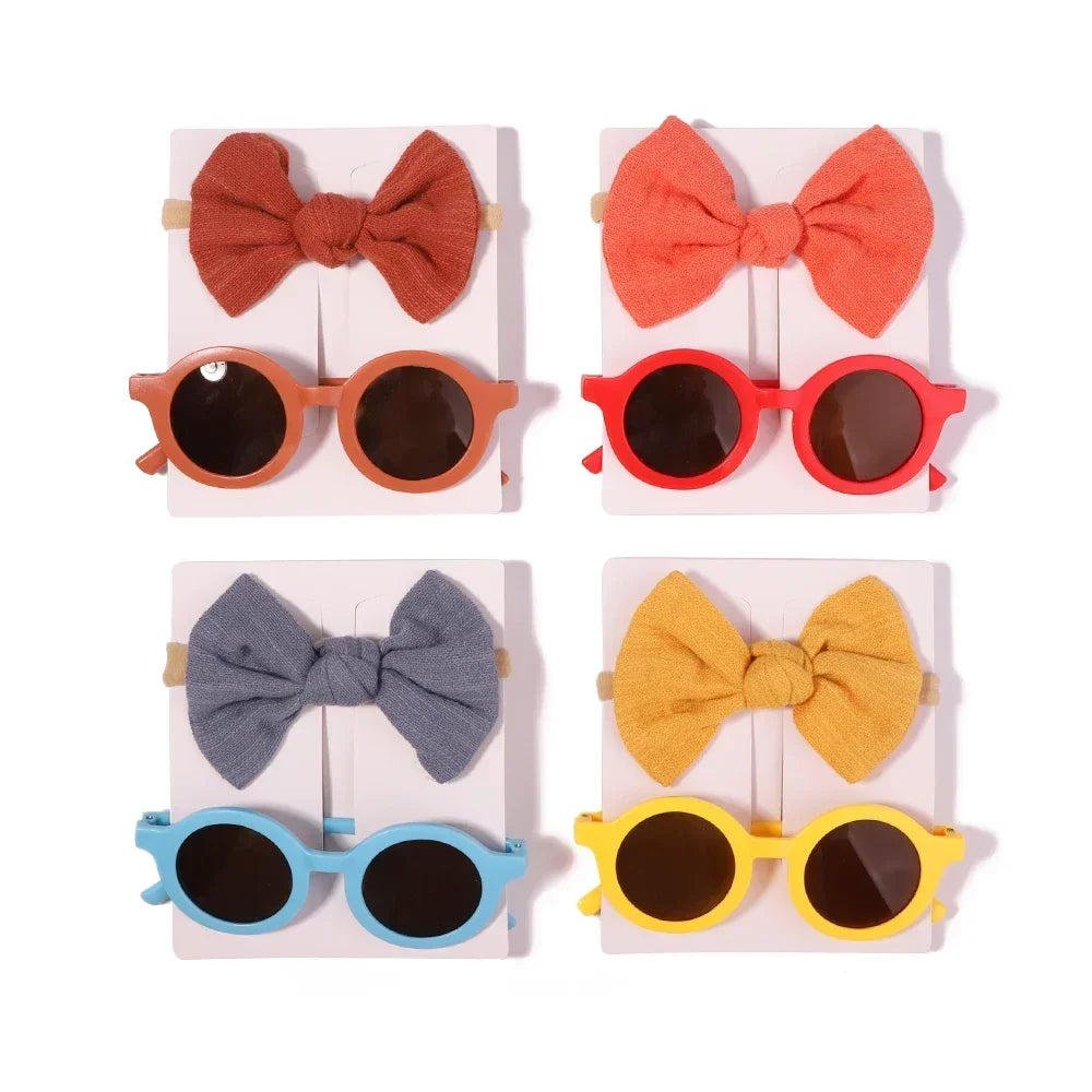 2Pcs/set Kids Summer Round Sunglasses Bows Headband Gift Sets Children Lovely Glasses Protection Hair Accessories for Girls