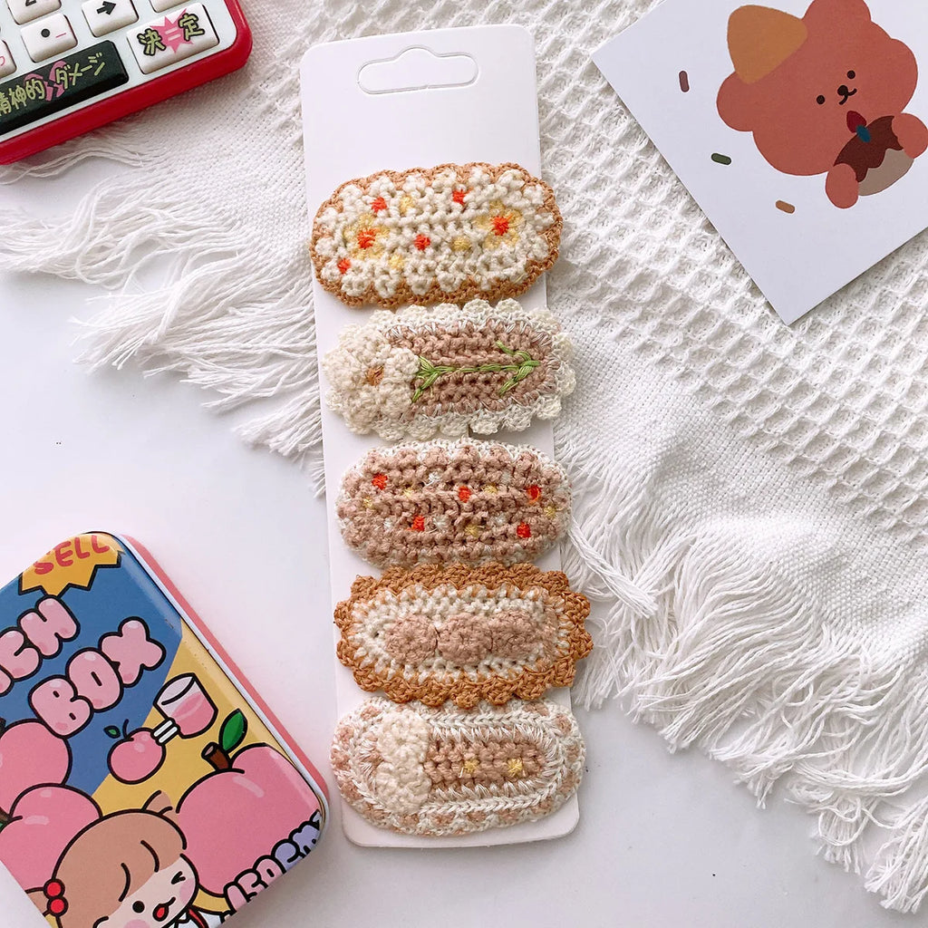 5pcs Korean Hairpin for Kids Little Girls Cute Sweet Floral Knit Plush Children Barrettes Headwear Hair Accessories