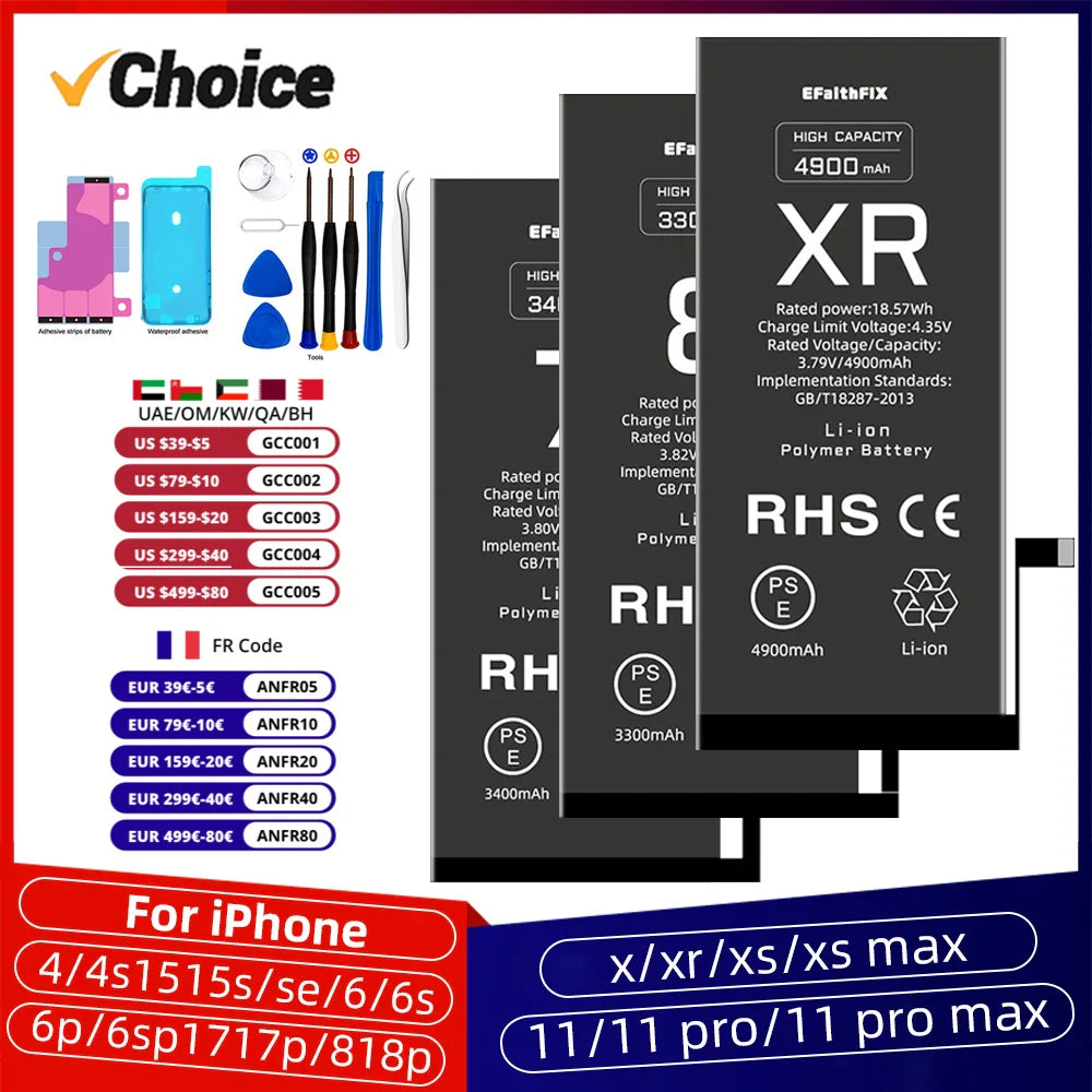 Battery For iPhone 7 8 Plus X XS Max XR 11 12 Pro Max Mini High Capacity  Replacement Bateria With Battery adhesive Tool Kits