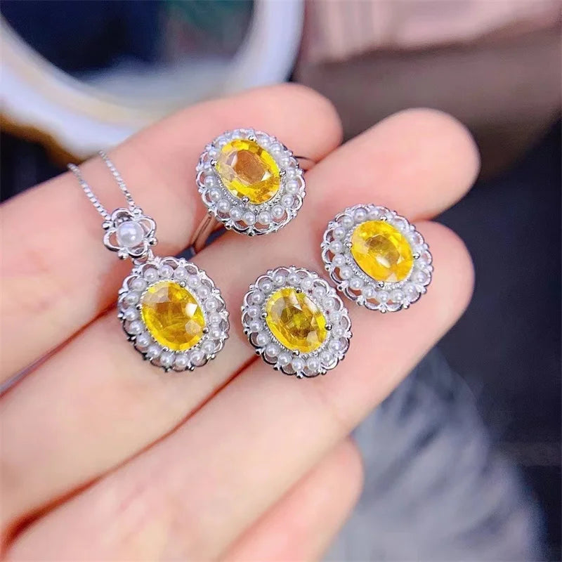 Natural yellow sapphire ring&earring&pendant set, crafted with 925 silver inlay,exquisite and fashionable, a gift for loved ones