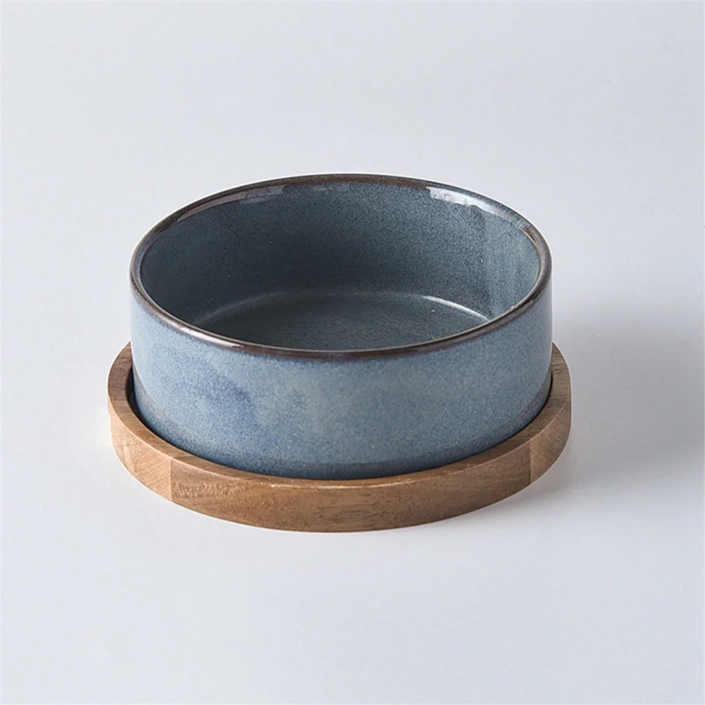 Ceramic Pet Bowl with Neck Protective Collar Anti-Collision Wooden Tray Pet Feeding Supplies Cat Accessories