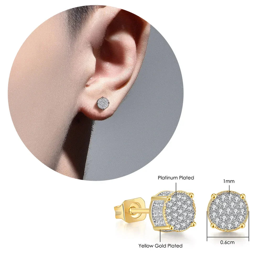 Round Hip Hop Ice Studded Earring for Men Gold Color Iced Out Zircon Piercing Ear Accessories Personality Jewelry for Women