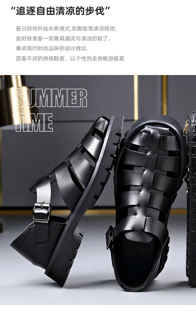 Summer Gladiator Sandals New Breathable Casual Men Genuine Leather Sandals Hollow Beach Shoes Men Black Sizes 38-48 Men sandals