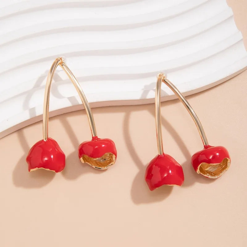 Golden Silver Color Cherry Dangle Earrings for Women Girls Simple Fashion Sweet Cherry Fruit Metal Geometric Earrings Jewelry