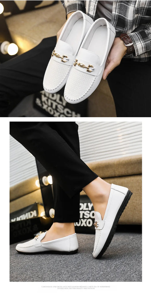 Men's Loafers Comfortable Flat Casual Shoes Breathable Slip-On Soft Cow Leather Driving Shoes Moccasins Hombre Men Shoes White