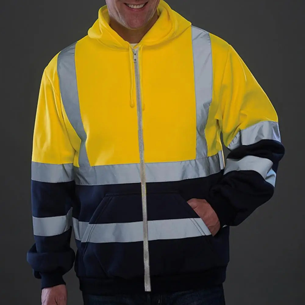 Reflective Hoodie Reflective Strip Men's Hoodie Coat with Drawstring Closure for Outdoor Work Safety Warm for Cold-proof