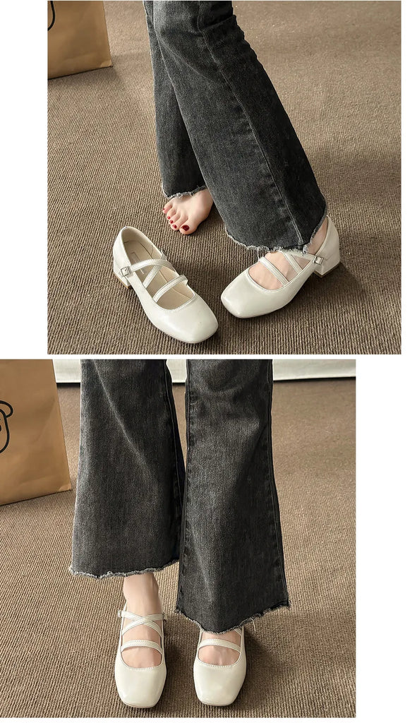 Casual Woman Shoe Female Footwear Shallow Mouth Low Heels Square Toe New Dress Retro On Heels Mary Janes Leisure Rubber High Sol