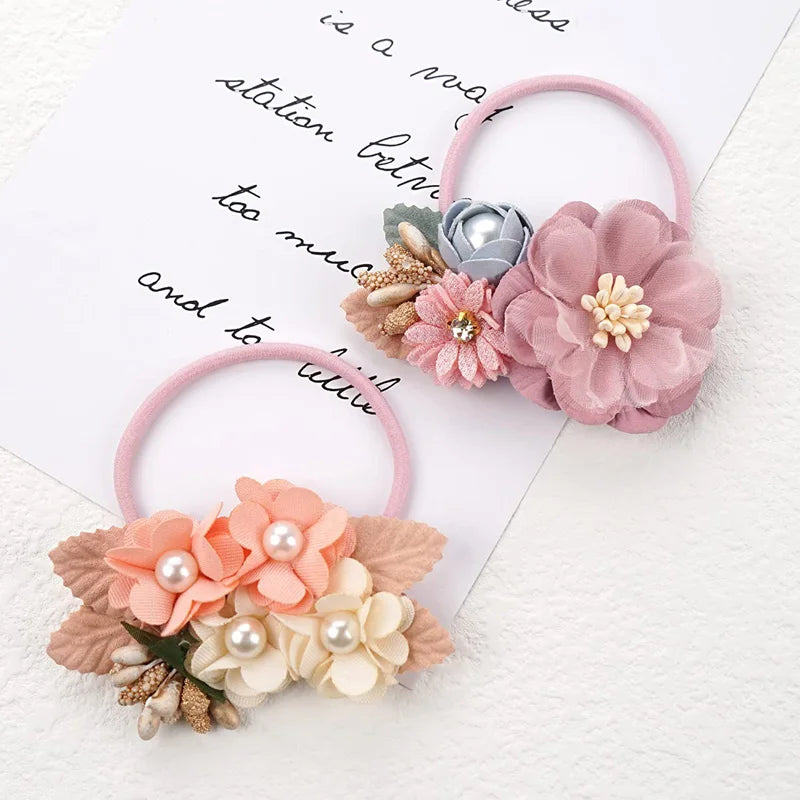 Elastic Flower Hair Bands for Girls Ponytail Holders Kids Floral Hair Tie Baby Pearls Hairband Headwear Rubber Hair Accessories