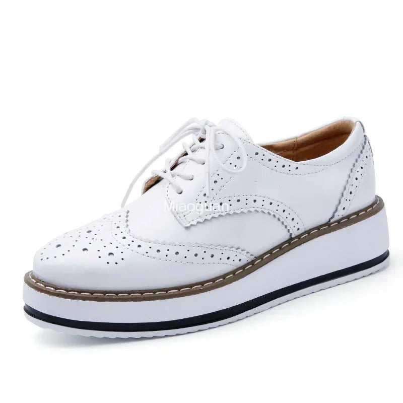 Spring Autumn Women Platform Gold Flats Brogue Leather Lace Up Classic Bullock Footwear Female Oxford Shoes Fashion Casual Lady