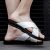 2023 Fashion Men Real Leather Slippers Summer New Black White/red/yellow Cross Over Slippers Men's Leisure Comfort Flat Sandals