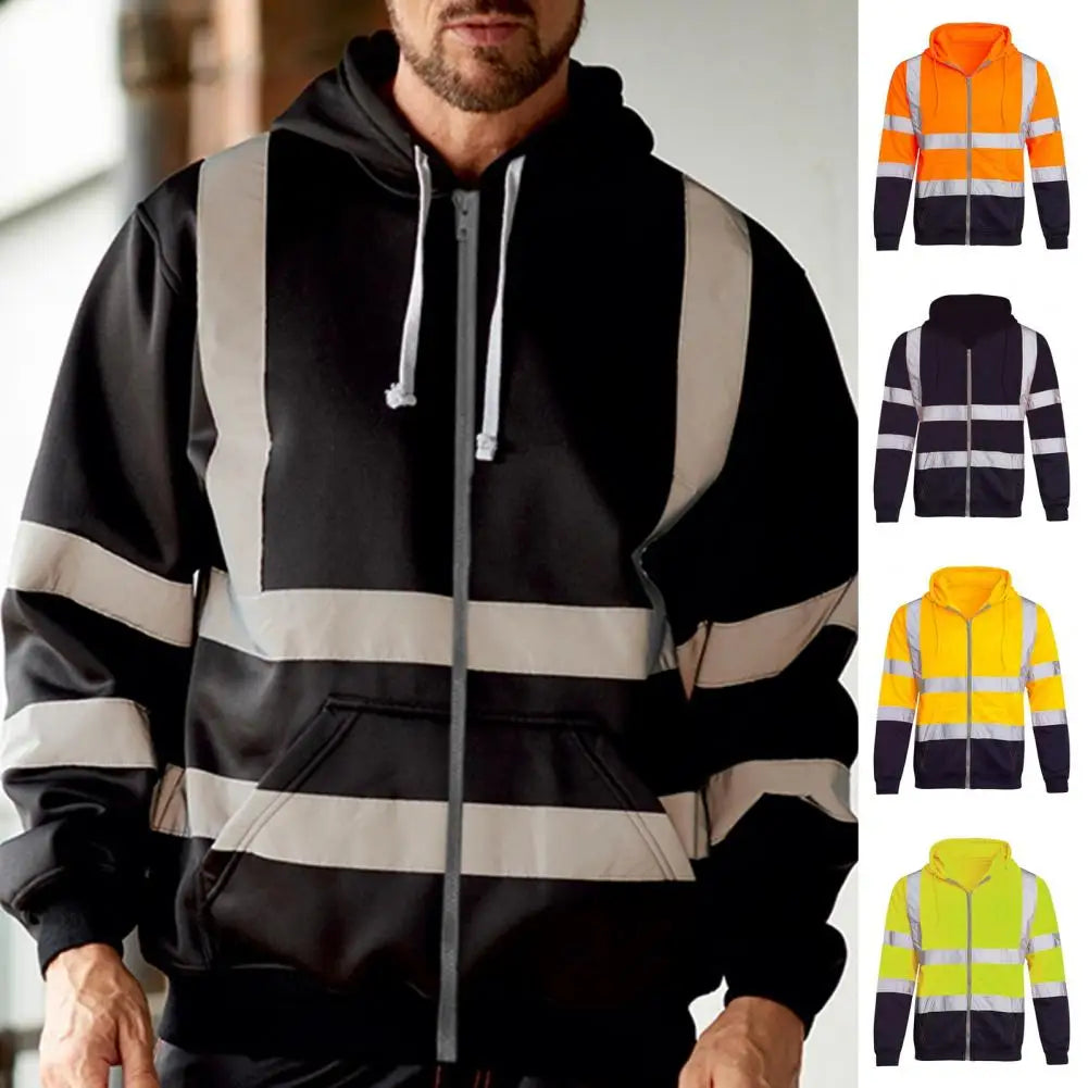 Reflective Hoodie Reflective Strip Men's Hoodie Coat with Drawstring Closure for Outdoor Work Safety Warm for Cold-proof