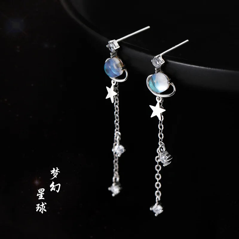 CIAXY Silver Color Star Earrings for Women Blue Space Universe Planet Zircon Circle Long Earrings Korean Fashion Jewelry