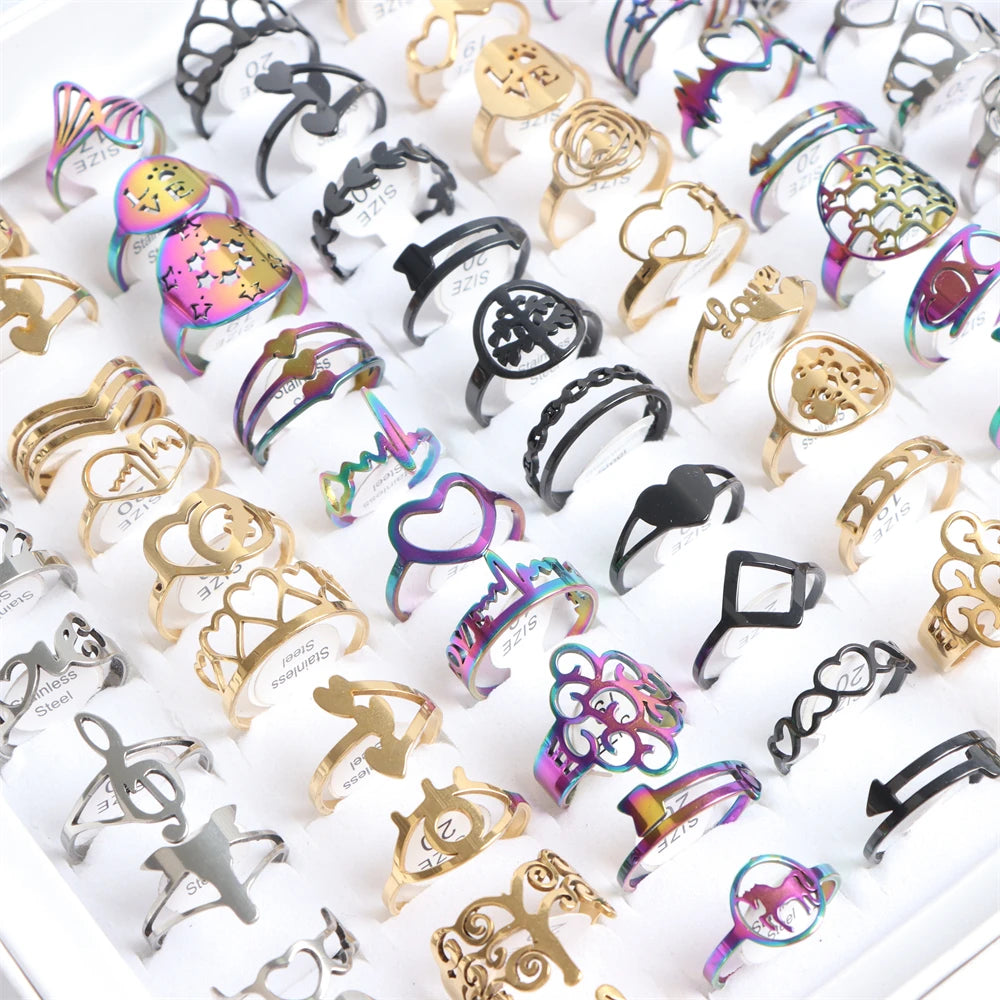 Lot fashion hollow stainless steel rings for women men geometric black multicolor mixed style jewelry gifts party
