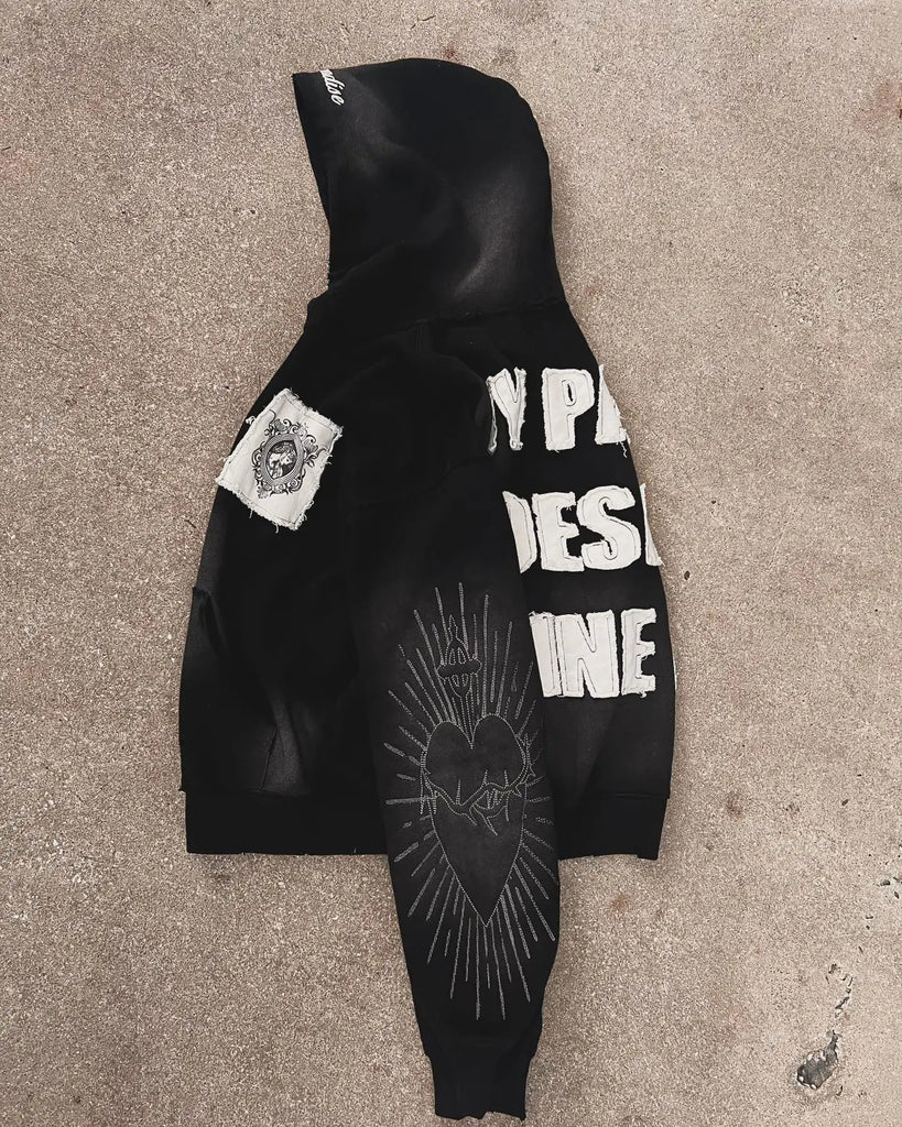 Hell in Paradise Street Retro Gothic Style Zip Up Hoodie Y2k Alphabet Embroidery Patchwork Hoodies Loose Sweatshirt Men Clothing