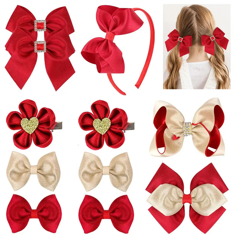 Happy New Year Bows Hair Clips Red Hair Bands Hair Accessories For Girls Rhinestone Barrettes Headwear Floral Hairpins Kids Gift