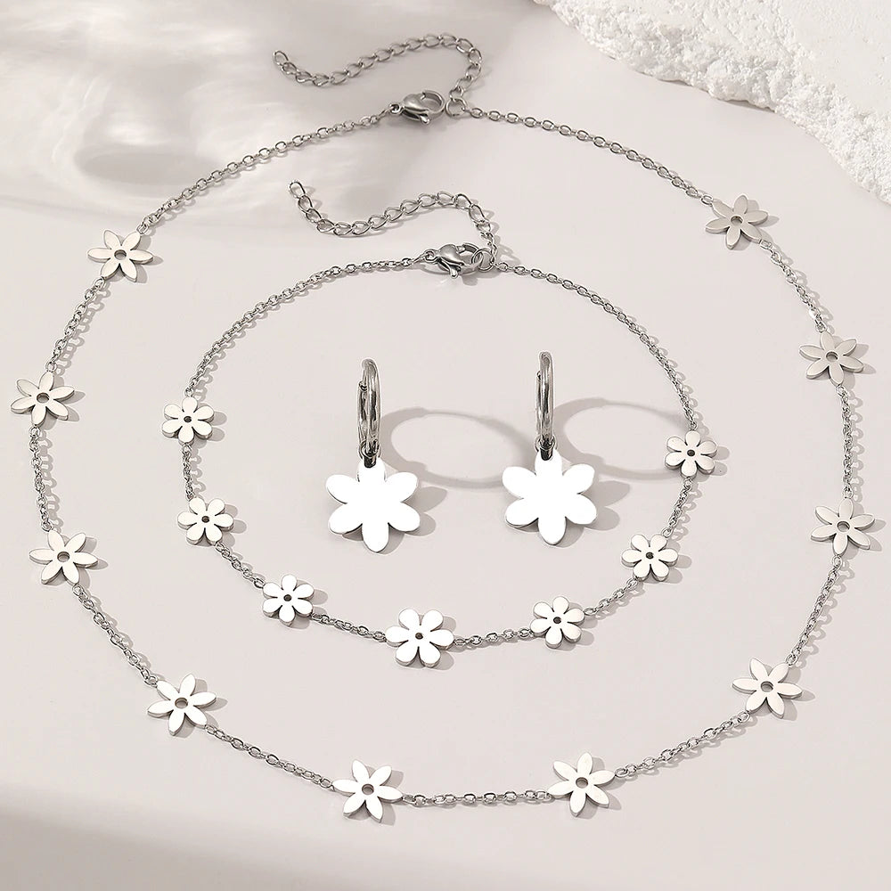 Stainless Steel Jewelry Set Simple High-end Necklace Earrings Bracelet Wrap Around Flower Designs For Women Jewelry Banquet Gift