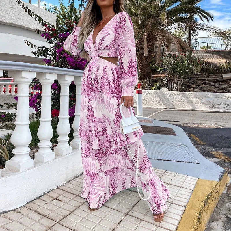 Spring New Long Dress Fashion Print Sexy Deep V-neck Long Sleeved Dress Women's Elegant Hollow Out Ruffle Spliced Maxi Dress