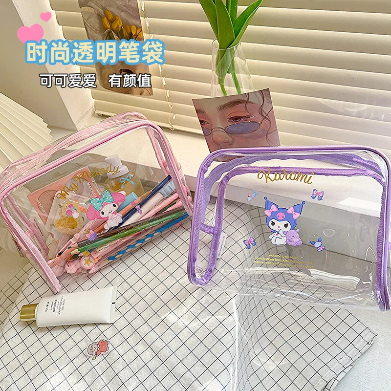 New Sanrio Cosmetic Bag Transparent Pencil Case Anime Kuromi Cinnamoroll My Melody Coin Purse Women Makeup Bags