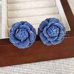 Load image into Gallery viewer, Minar French Retro Blue Color Cloth Denim Rose Flower Drop Earrings for Women Multi Layers Floral Statement Earring Brincos 2024
