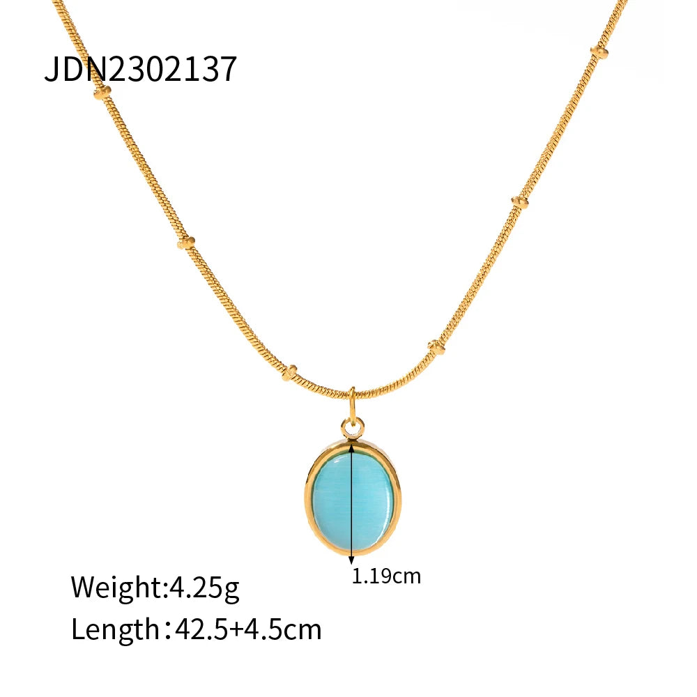 Uworld 18K Gold Plating Handmade Chain Stainless Steel Blue Cat Eye Natural Stone Oval Square Pendant Necklace Set for Women