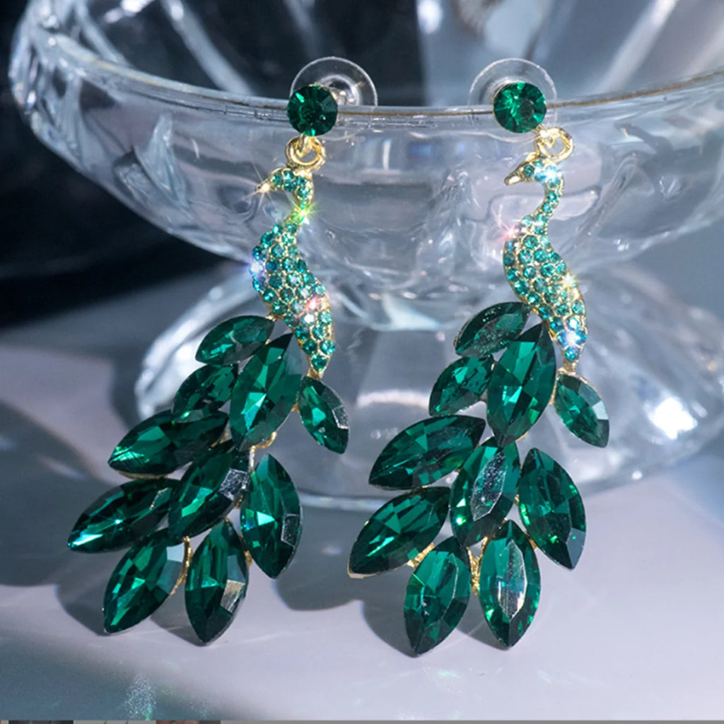 FYUAN Vintage Green Peacock Crystal Earrings for Women Long Tassel Earring Weddings Jewelry