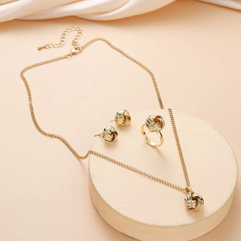 Gold color ball shape jewelry sets copper trendy fashion style adjustable chain rings necklace for woman on party wedding