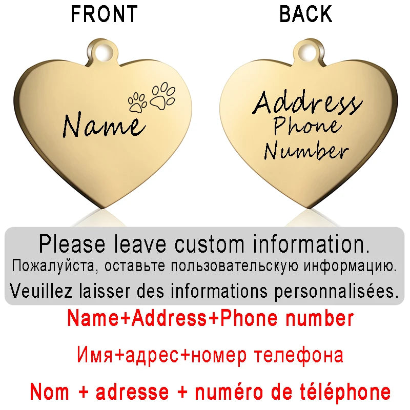 Dog ID Heart Tag Custom Personalized Cat Collar Pendant Engraved Pet Necklace Chain Charm Supplies For Name Products