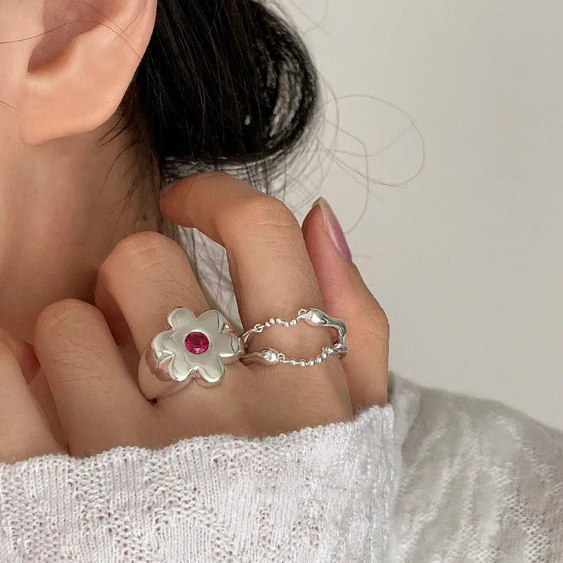 VENTFILLE 925 Sterling Silver Pink Zircon Flower Ring for Women Girl Gift Sweet Chain Double Layer Jewelry Gift Dropshipping