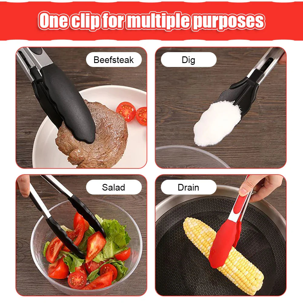 Food Tong Stainless Steel Kitchen Tongs Silicone Nylon Non-Slip Cooking Clip Clamp BBQ Salad Tools Grill Kitchen Accessories