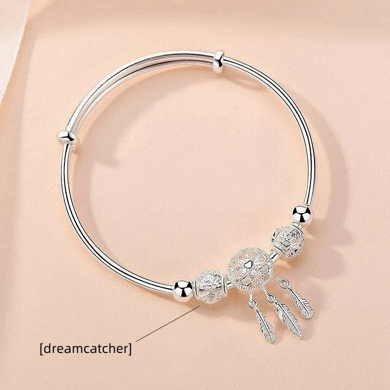 1pcs Copper Alloy Silver Plated Bracelet Ladies Cold Wind Dreamcatcher Leaves Tassel Turn Beads Jewelry