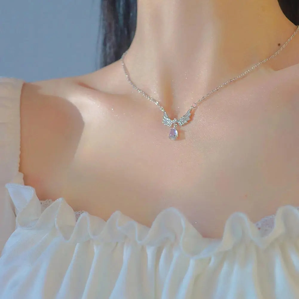 Silver color inlaid zircon angel wings pendant necklace for women girls clavicle chain moonstone pendant choker necklace gifts