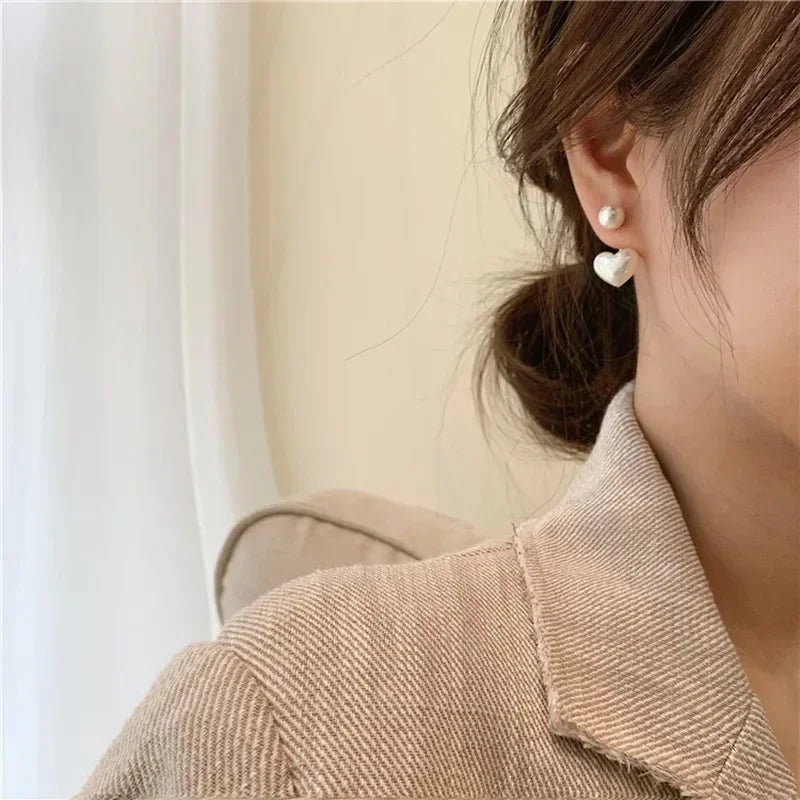 White Imitation Pearl Heart Earrings for Women Girls Romantic Sweet Wedding Korean Fashion Minimalist Style Jewelry Gifts 2024