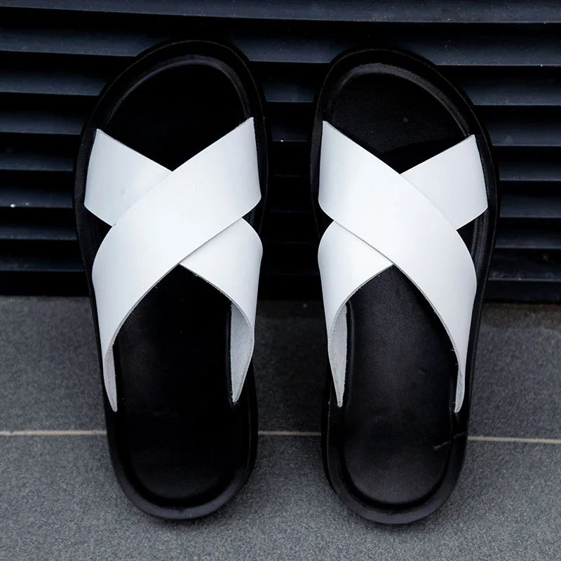 2023 Fashion Men Real Leather Slippers Summer New Black White/red/yellow Cross Over Slippers Men's Leisure Comfort Flat Sandals