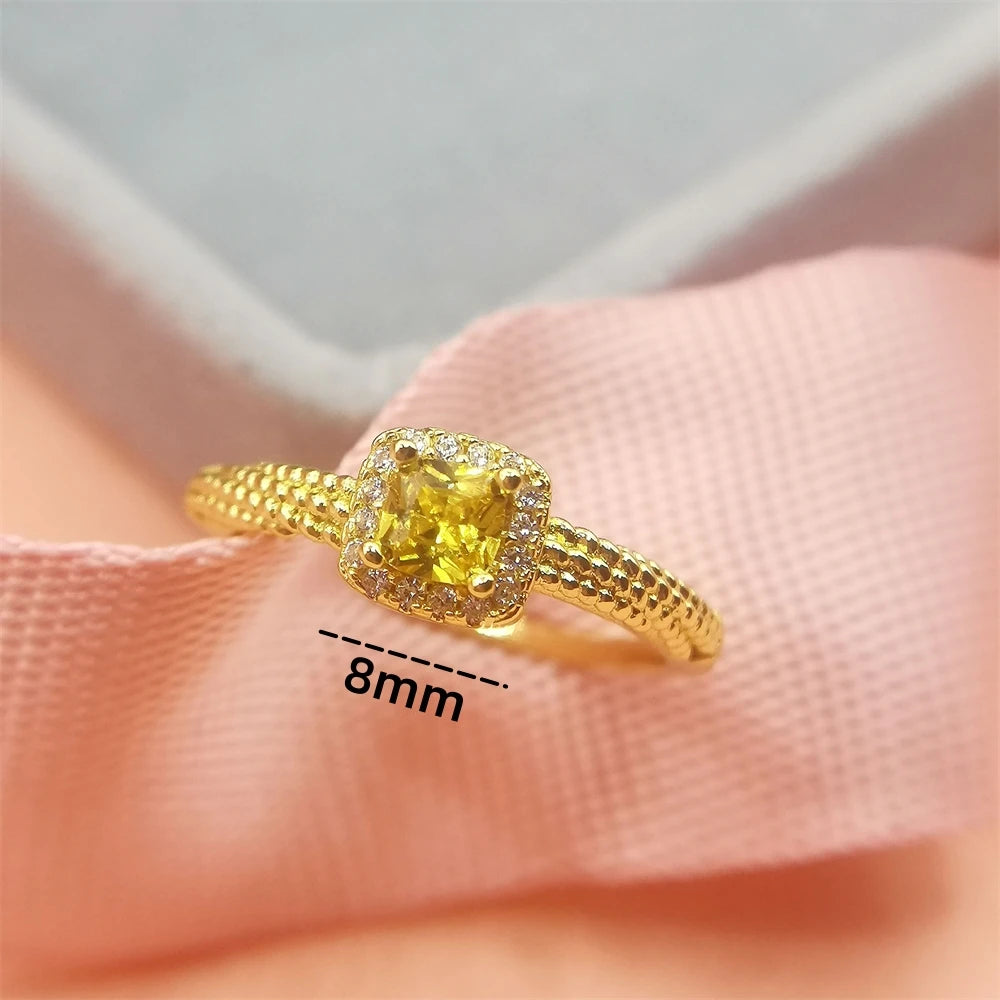 Engagement Rings for Women Stainless Steel Yellow Zirconia Square Finger Ring Adjustable Wedding Band Jewelry Accessories