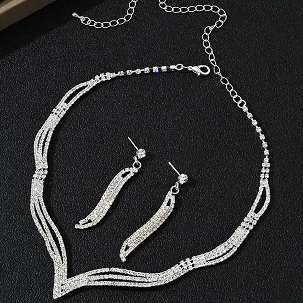 2Pcs/Set Necklace Earrings Geometry Shape Exquisite Noble Shining Rhinestone Choker Necklace Drop Earrings Jewelry Accessory