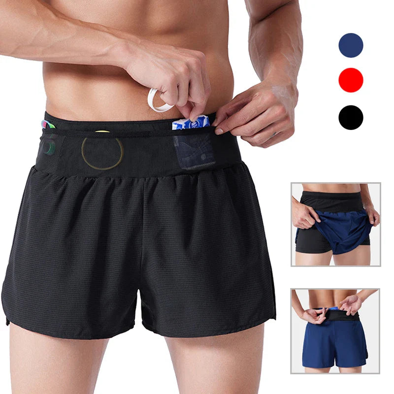 (S-4XL)Men Women Teens Double Layer Quick Dry Marathon Running Sport Shorts with Zipper Pocket Trackless Fitness Training Shorts