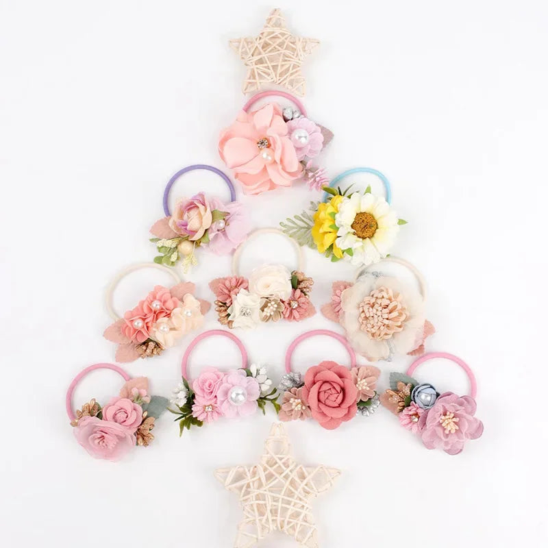Elastic Flower Hair Bands for Girls Ponytail Holders Kids Floral Hair Tie Baby Pearls Hairband Headwear Rubber Hair Accessories