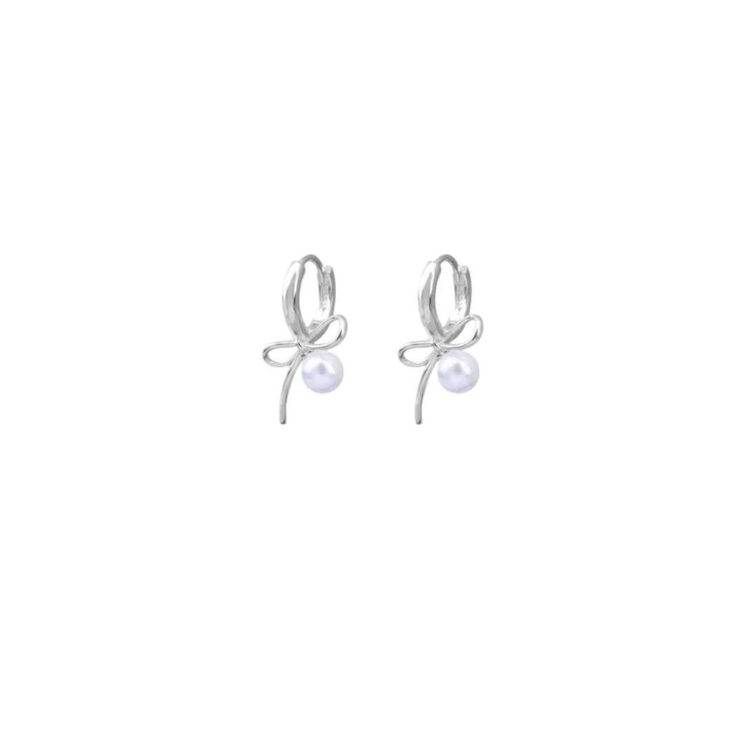 French Sweet Bowknot Pearl Pendant Hoop Earrings For Women Silver Color Elegant Ear Buckle Bithday Party Jewelry Accessories