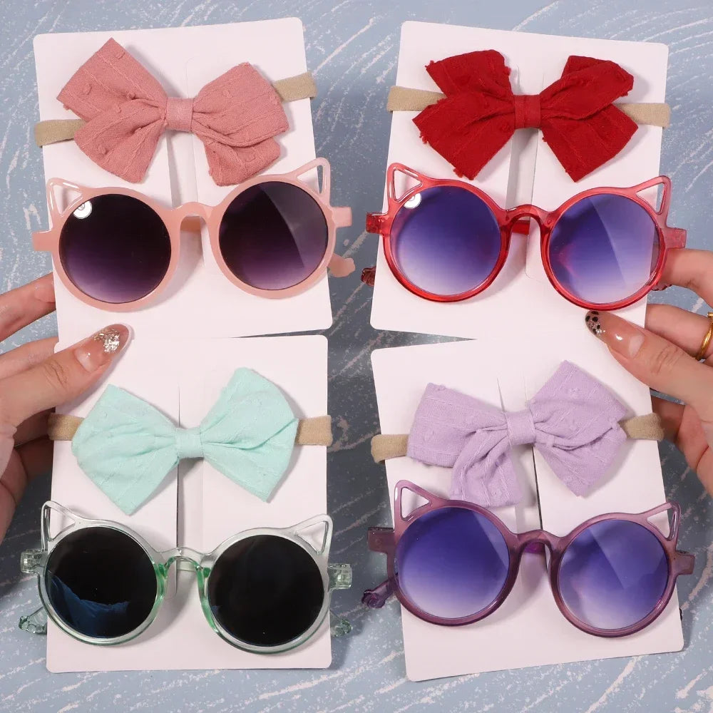 2Pcs/set Kids Summer Round Sunglasses Bows Headband Gift Sets Children Lovely Glasses Protection Hair Accessories for Girls