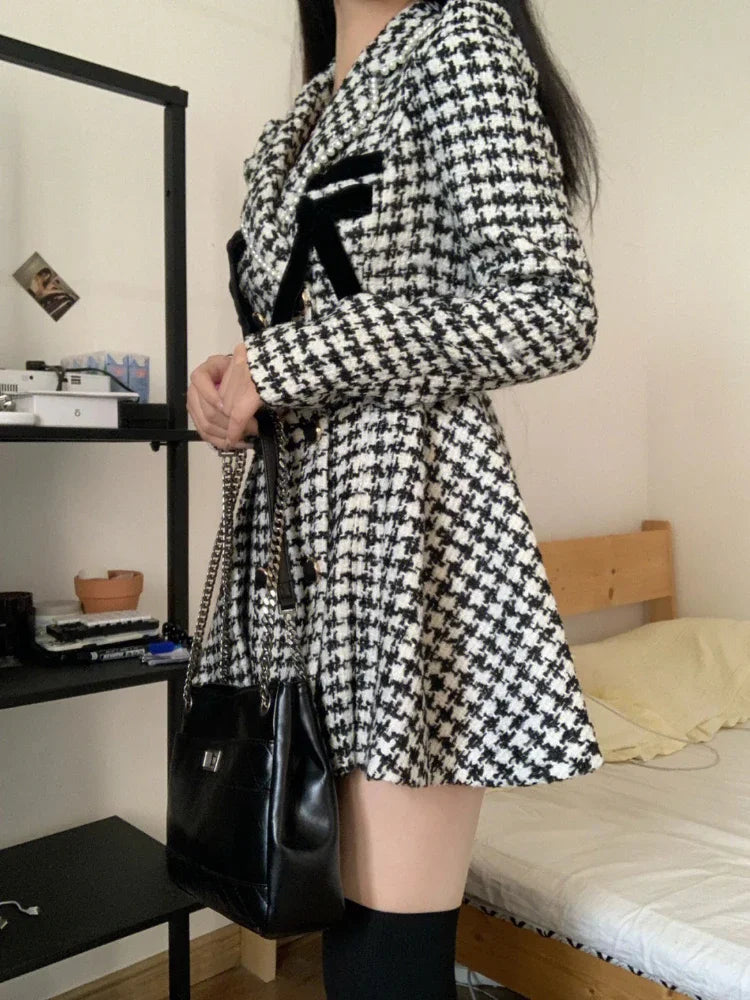 Plaid Vintage Kawaii Dress Women Patchwork Elegant Party Mini Dress Female Korean Fashion Y2k One Piece Dress 2023 Autumn Winter