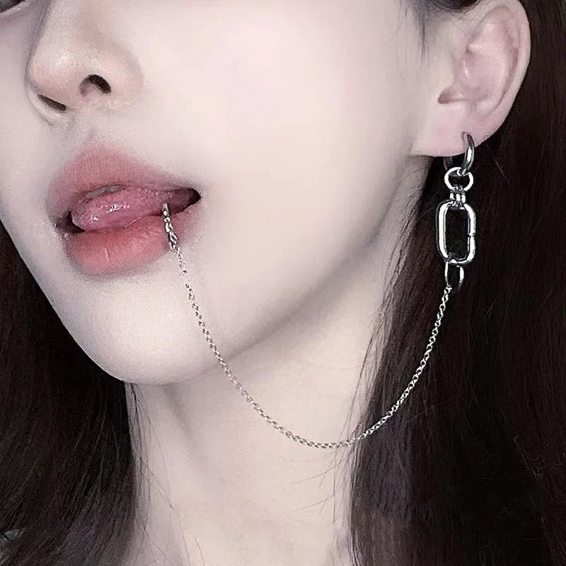 Cool Style Fake Piercing Lip Clip Earring Punk Chain Linked Earrings Hinged Lip Ring For Women Men Fashion Jewelry Accessories