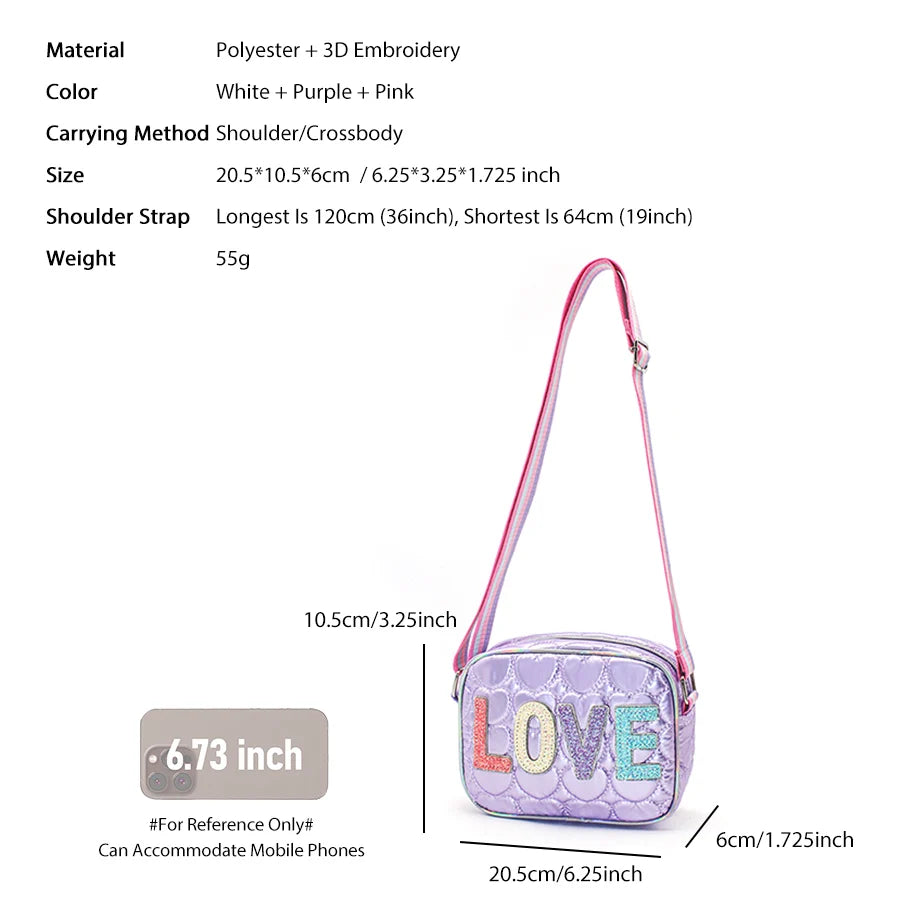 Mini Messenger Heart Shaped 3D Embroidered Crossbody Bag Kids Girls Mobile Phone Bag LOVE Sequin Holiday Gift