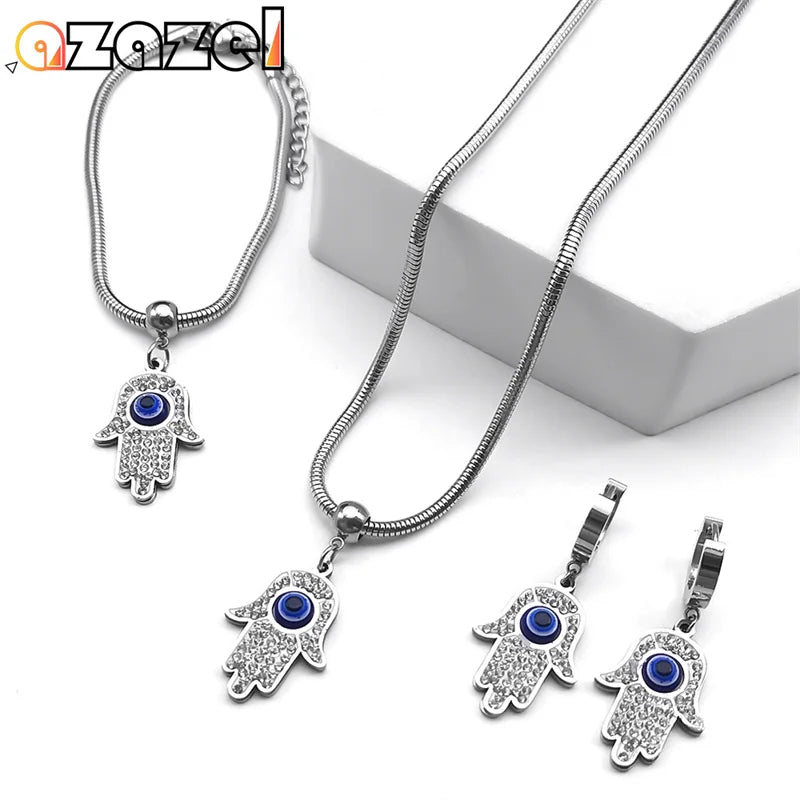 Stainless Steel Luxury Turkish Blue Evil Eye Hamsa Fatima Hand Jewelry Set Lucky Snake Chain Necklace Earring Bracelet for Women