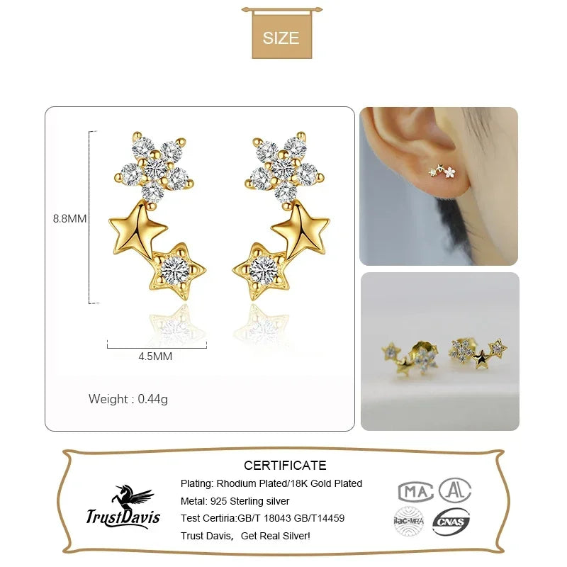 TrustDavis Real 925 Sterling Silver Star Zircon Stud Earrings Women Exquisite Sweet 14K Gold Plated Jewelry Gift L096