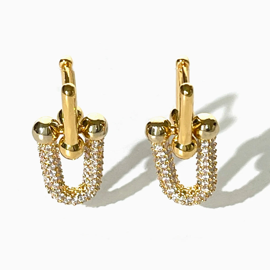 Peri'sbox Statement Gold Plated Chunky U Shape Link Chain Dangle Hoop Earrings with Inlaid Cubic Zirconia Fashion Accessories