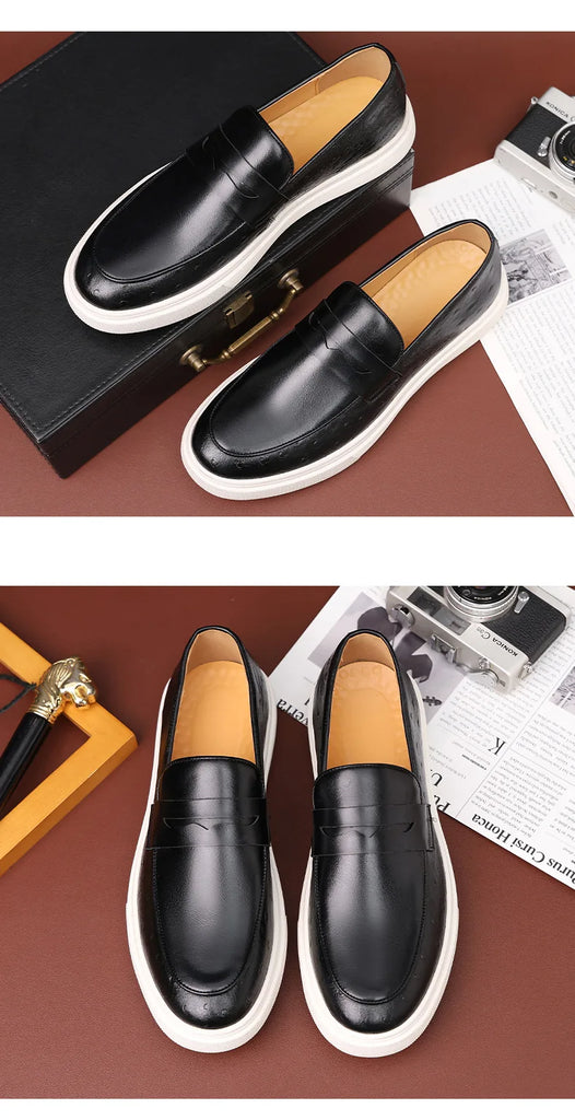 Man Shoes Embossed Leather Men's Fashion Casual Penny Loafers Slip-on Thick Sole Office Moccasins Flats